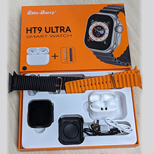 HT9 Ultra Smart Watch + TWS Combo with Double Strap- Black Color